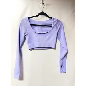 Lavender Ribbed Seamless Long Sleeve Crop Top Workout Gym Athletic Purple Medium
